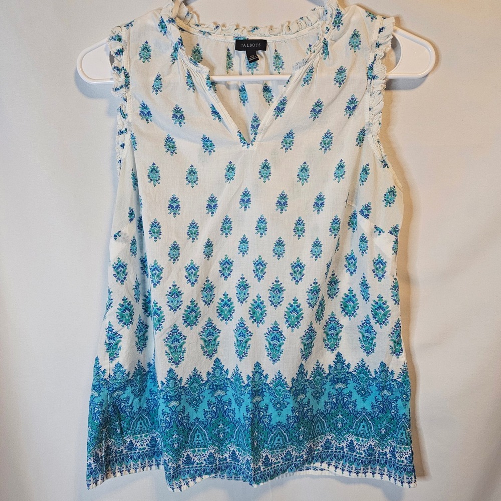 Talbots Sleeveless Blouse Womens XS White Blue Medallion Print Boho Coastal‎